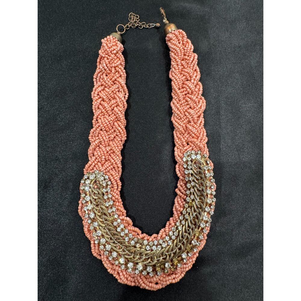 Art Deco Wide Collar Necklace Rhinestone Coral Glass Seed Bead Braided Vintage